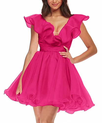 Bekvamlighet Puffy Homecoming Dresses for Teens Short V-Neck Ruffle Prom Dresses Organza Short Party Gown for Women Hot Pink Plus Size US18W