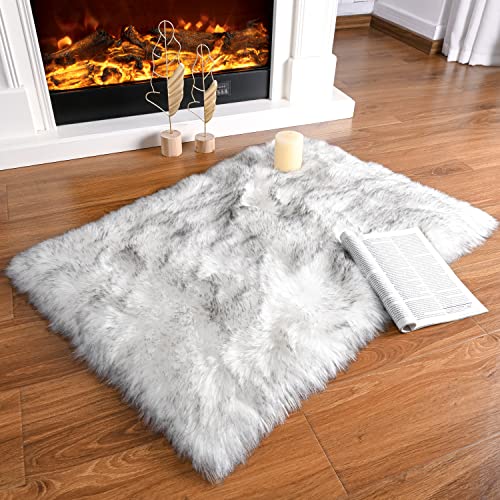 Benron Gray-White Faux Fur Area Rug - Ultra Soft and Washable