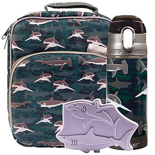 Bentology Kids Shark Lunch Bag Set with Insulated Tote, Ice Pack, & Water Bottle
