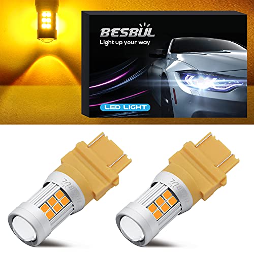 BESBUL 3157 LED Bulb Amber, Extremely Bright 3157na 3156 4114 4157 LED High Lumens 12-40V Wide Voltage Compatible For Brake Reverse Tail DRLs Lights Amber Yellow, Pack of 2