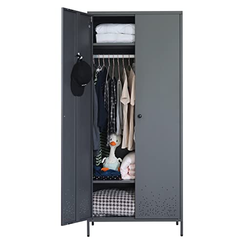 Giantex Closet Wardrobe, Portable Closet with Rollers, Mobile Metal Armoire  Closet with Hanging Rod, Adjustable Shelf, Rolling Closet Storage Accent