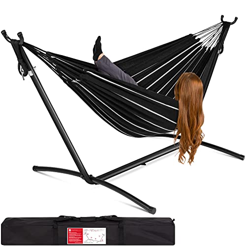 Best Choice Products 2-Person Double Hammock with Stand Set, Indoor Outdoor Brazilian-Style Cotton Bed for Backyard, Camping, Patio w/Carrying Bag, Steel Stand, 450lb Weight Capacity - Onyx