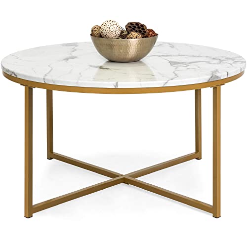 36in Faux Marble Accent Table, Modern End Table, Large Coffee Table - White/Gold