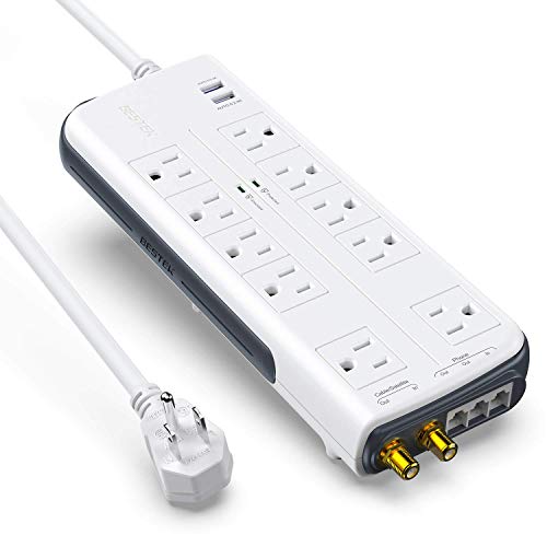 BESTEK 10-Outlet 6 Feet Extension Cord 4000 Joules Power Strip with USB 15A 1875W Surge Protector with Dual 2.4A USB Charging Port Desktop Charging Station, Wide Spaced Outlet for Large Plug