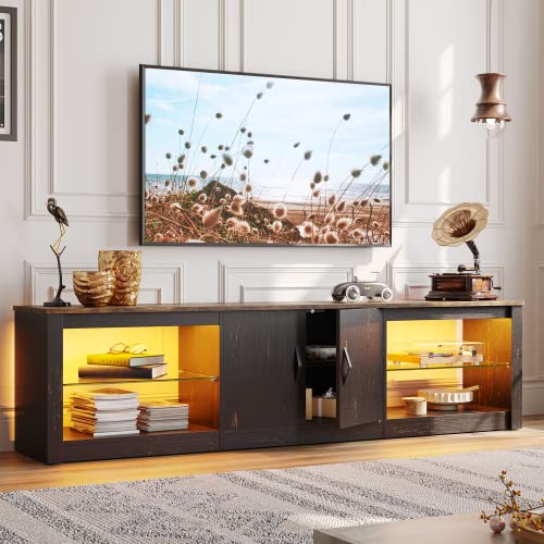 Bestier 70 Inch Led TV Stand for 75 Inch TV Large Entertainment Center Gaming with Adjustable Glass Shelves Two Cabinets Modern TV Console for Living Room 22 RGB Modes, Golden Black