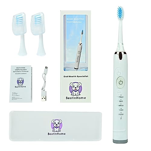 BestInHome Sonic Electric Toothbrush - White with Travel Case and 3 Brush Heads