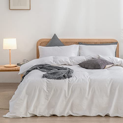 BESTOUCH Duvet Cover Set 100% Washed Cotton Linen Feel Super Soft Comfortable Chic Lightweight 3 PCs Home Bedding Set Solid Bright White Cal King