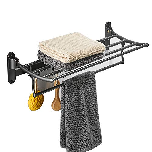 BESy 24 Inch Oil Rubbed Bronze Towel Racks with Foldable Towel Bar Holder and Towel Hooks