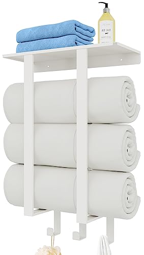 BETHOM Bathroom Towel Rack with Shelf & Hooks, White