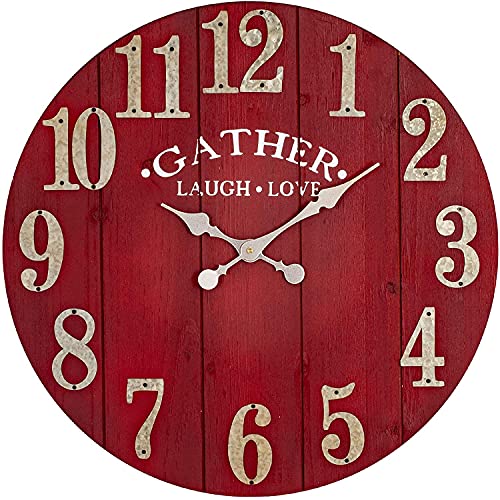 BEW 24 Inch Vintage Wooden Wall Clock - Silent and Stylish in Red