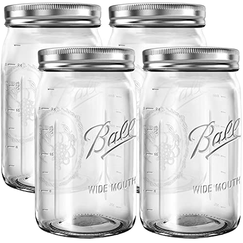 BHL Jars Wide Mouth 32 oz Mason Jars - Set of 4 Quart Size Canning Jars with Lids