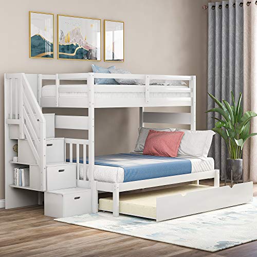 BIADNBZ White Twin/Full Bunk Bed with Stairs & Trundle