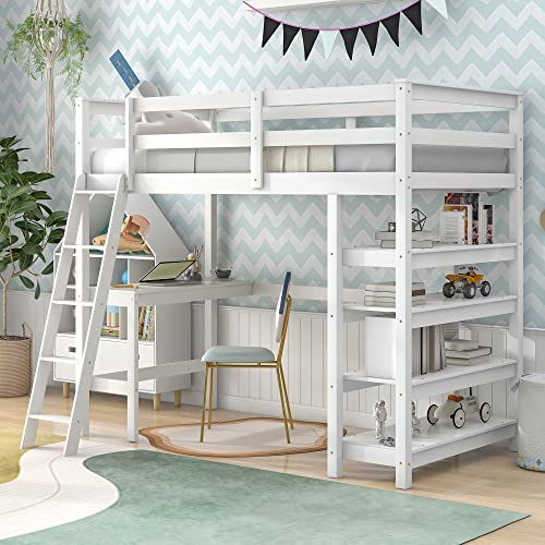 BIADNBZ White Loft Bed with Desk, Shelves, and Guardrail