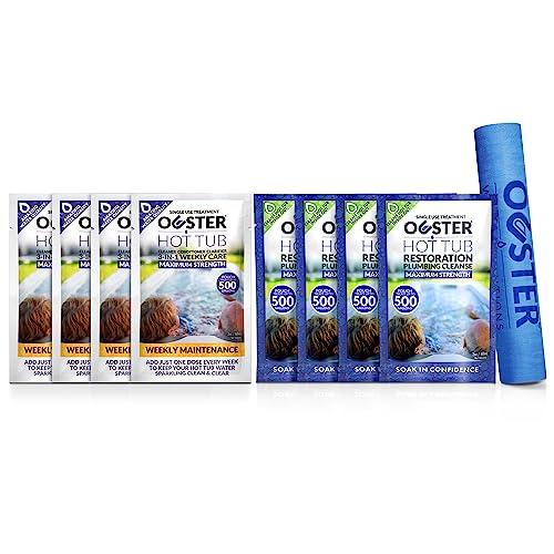Bio Ouster Hot Tub Chemical Kit Bundle - 3in1 Weekly Cleaner Conditioner Clarifier 4 Pack - Spa Purge Hot Tub Jet Cleaner 4 Pack w/Towel - Inflatable Hot Tub Chemicals Kit, Spa Chemicals for Hot tub