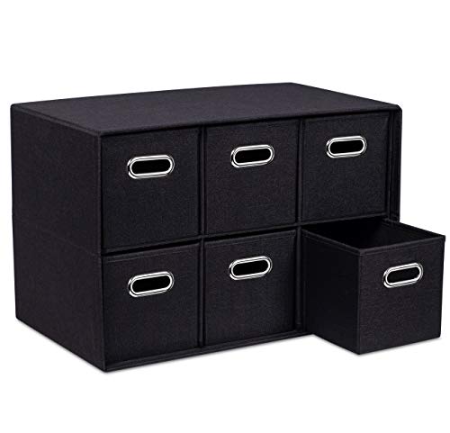 Black Linen Cube Organizer Shelf with 6 Storage Bins - Durable Foldable Shelf