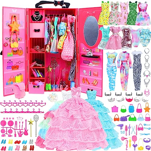 BJDBUS 106 Pcs Doll Wardrobe Set with Clothes and Accessories
