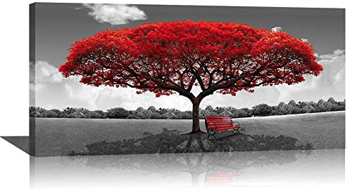 Black and White Landscape Abstract Red Tree Bench Artwork