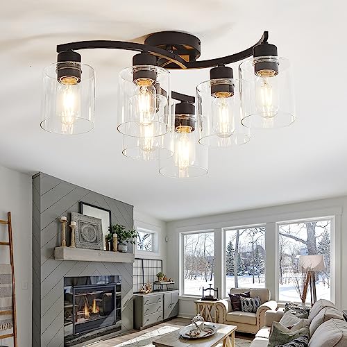 Black Ceiling Light Fixture, 6 Light Flush Mount Ceiling Light, Industrial Ceiling Lamp with Clear Glass Shades, Modern Hallway Light Fixtures Ceiling for Bedroom Living Room Kitchen Entryway(6-Light)