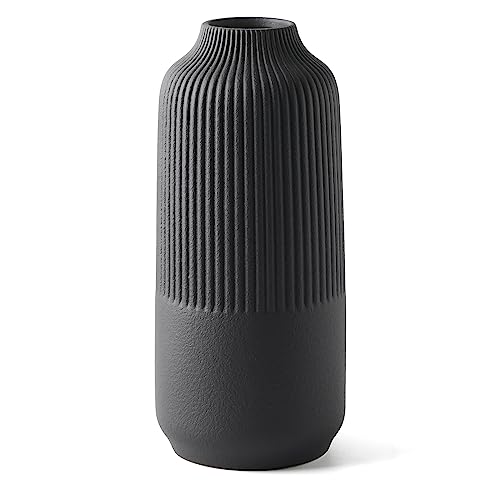 Black Ceramic Fluted Vase - Modern Minimalist Decor