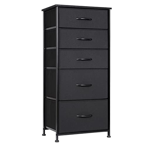 Black Fabric Chest of Drawers with Wood Top and Metal Frame