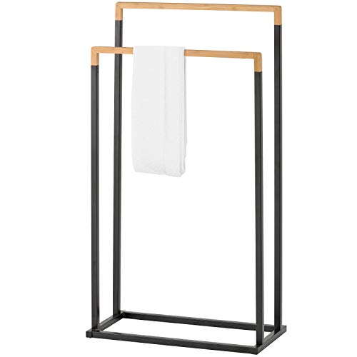 Black Metal Freestanding Towel Rack Stand with Bamboo Bars