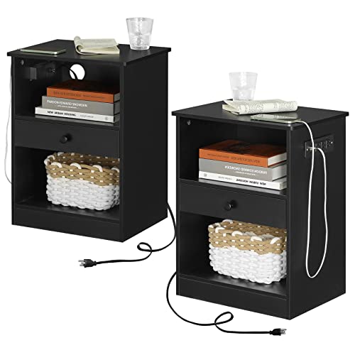 Black Nightstands with Charging Station and Storage