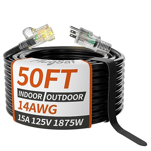 Black Outdoor Extension Cord 50 ft Waterproof with Lighted Indicator