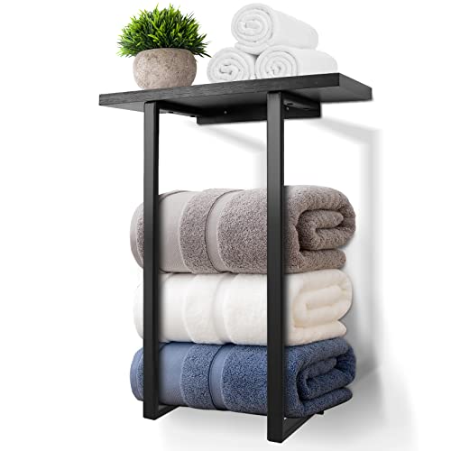 Black Towel Rack with Wooden Shelf
