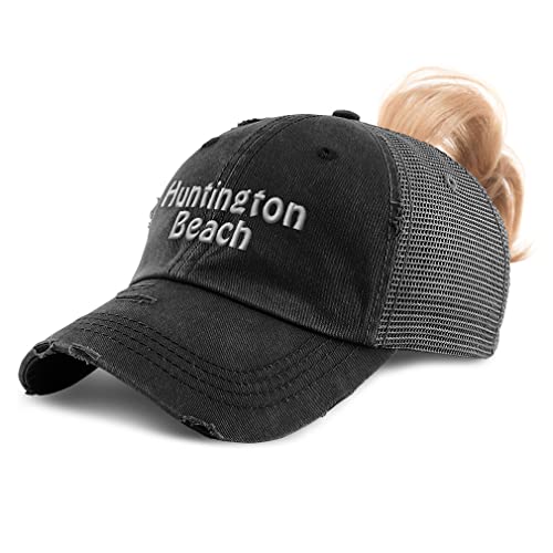 Black Womens Ponytail Cap Huntington Beach Love Distressed Trucker Hat