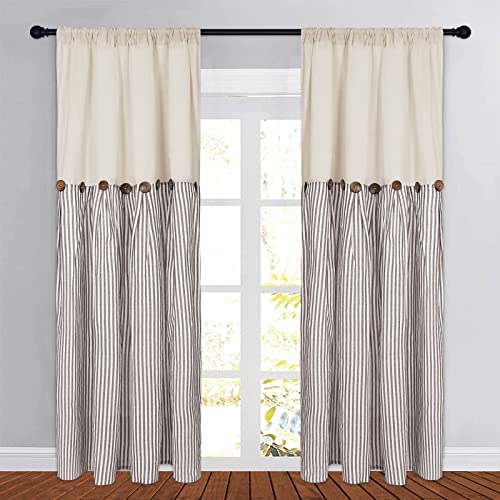 Boho Rustic Button Curtains in Natural Brown Stripe