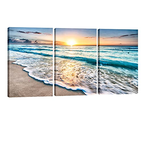 Blue Beach Sunrise White Wave Canvas Prints