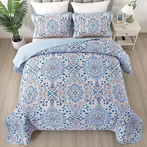 Blue Boho Quilted Bedspread Queen 3 Pieces