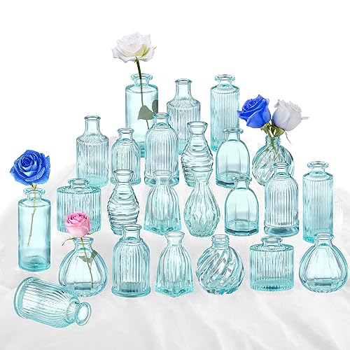 Blue Glass Bud Vases in Bulk - Modern Ribbed Design