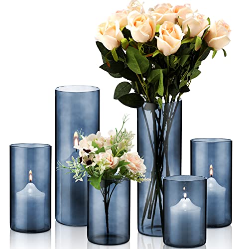 Blue Glass Cylinder Vases Hurricane Candle Holders