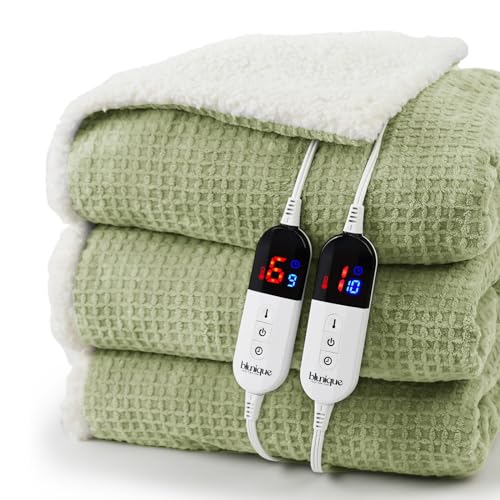 blunique Heated Blanket Electric Blanket King Waffle, 90x100 Inches Dual Controllers Sherpa Fleece Fast Heating Blanket 6 Heating Levels & 10 Hours Auto Off ETL Certification, Sage King