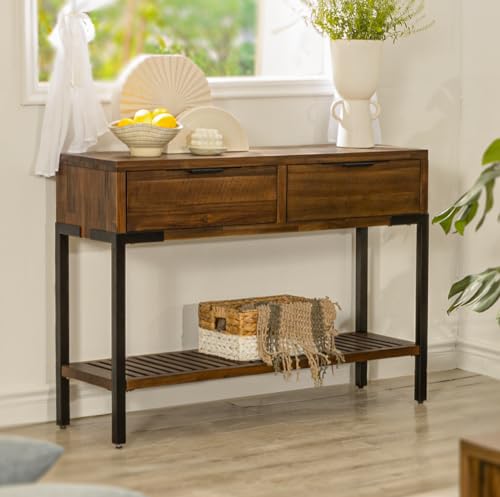 Bme Rustic Chestnut Farmhouse Console Table with Drawers and Shelves