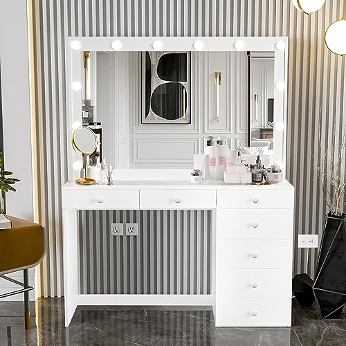 Modern White Makeup Vanity with Built-In Lights, 7 Drawers & Mirror