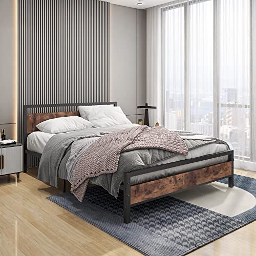 BOFENG Queen Size Platform Bed Frame with Wood Headboard and Footboard, Brown