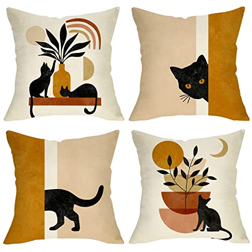 Boho Cat Plant Sunset Throw Pillow Covers Set