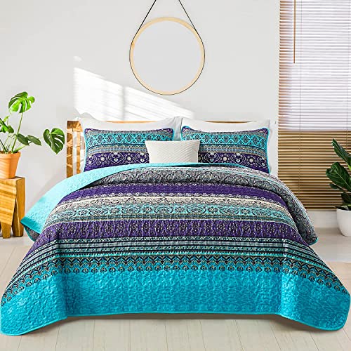 Boho Quilt Full Size, Purple Blue Bohemian Lightweight Microfiber Bedspread