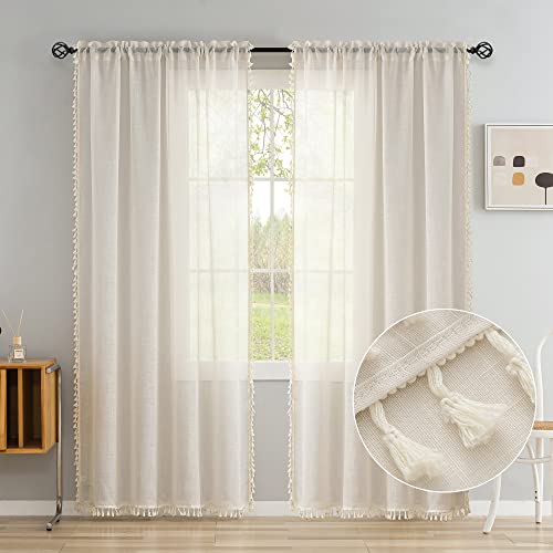 Boho Tasseled Semi Sheer Curtains, Set of 2 Panels