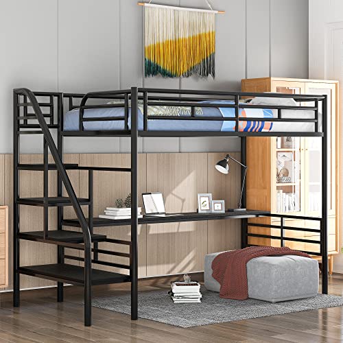 BOVZA Metal Twin Loft Bed with Desk, Loft Bed Frame Twin Size with Stairs and Safety Rails for Kids Teens Adults, Black