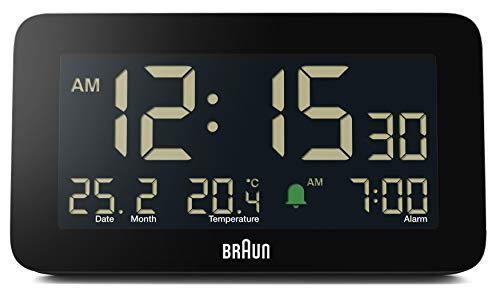 Braun Black Digital Alarm Clock with Date, Month, and Temperature Display
