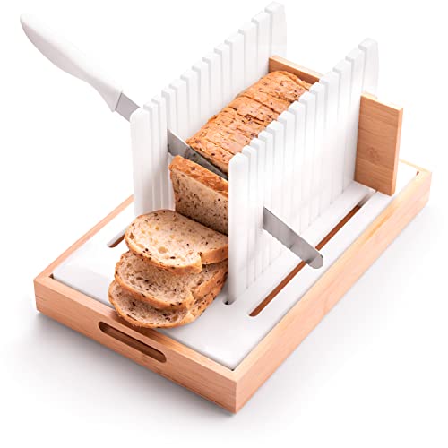 Bamboo Bread Slicer, Bread Cutter Guide Adjustable, Bread Loaf Slicer Cutting Board & Crumb Catcher Tray, Stainless Steel Knife, Compact & Foldable