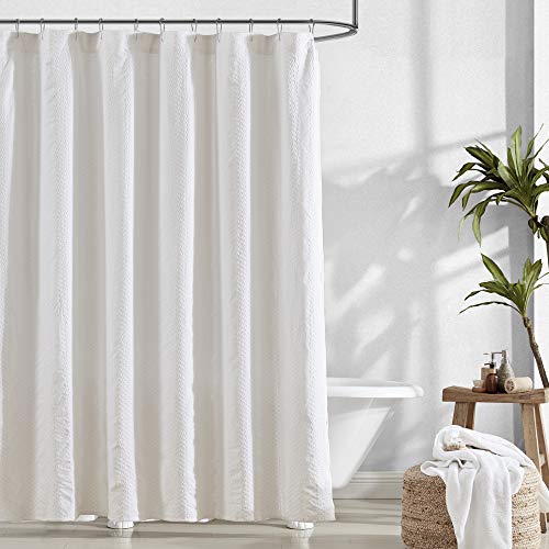 Brielle Home Bille Solid Garment Washed Jacquard Stripe Fabric Shower Curtain, 72 x 84, White