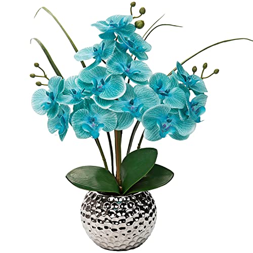 Briful Teal Blue Faux Orchid Arrangement with Silver Vase