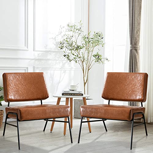 Brown Leather Accent Chairs Set of 2