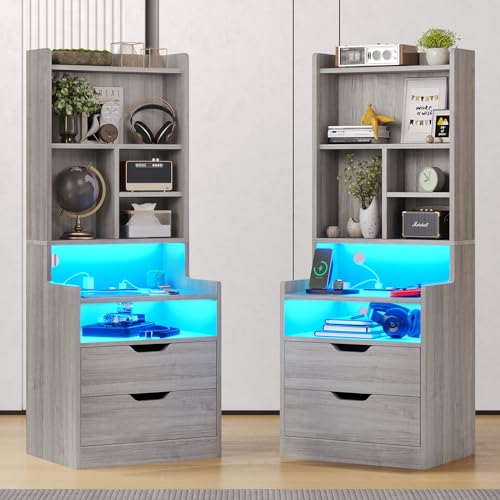 BTHFST Tall Nightstand Set of 2 with LED Lights and Storage