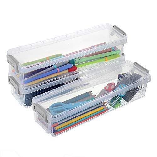 WUWEOT 9 Pack Large Pencil Box, Stackable Clear Plastic Pencil Case,  Painting Brush Storage Box with Snap-Tight Lid, Office Supplies Organizer