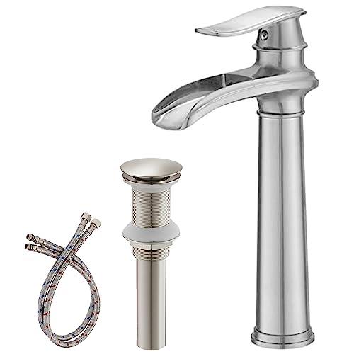 BWE Vessel Sink Faucet Waterfall Brushed Nickel Tall Waterfall Bathroom Faucet Deck Mount Single Handle One Hole Lavatory Vanity Faucet with Pop Up Drain Assembly and Supply Hose Lead-Free